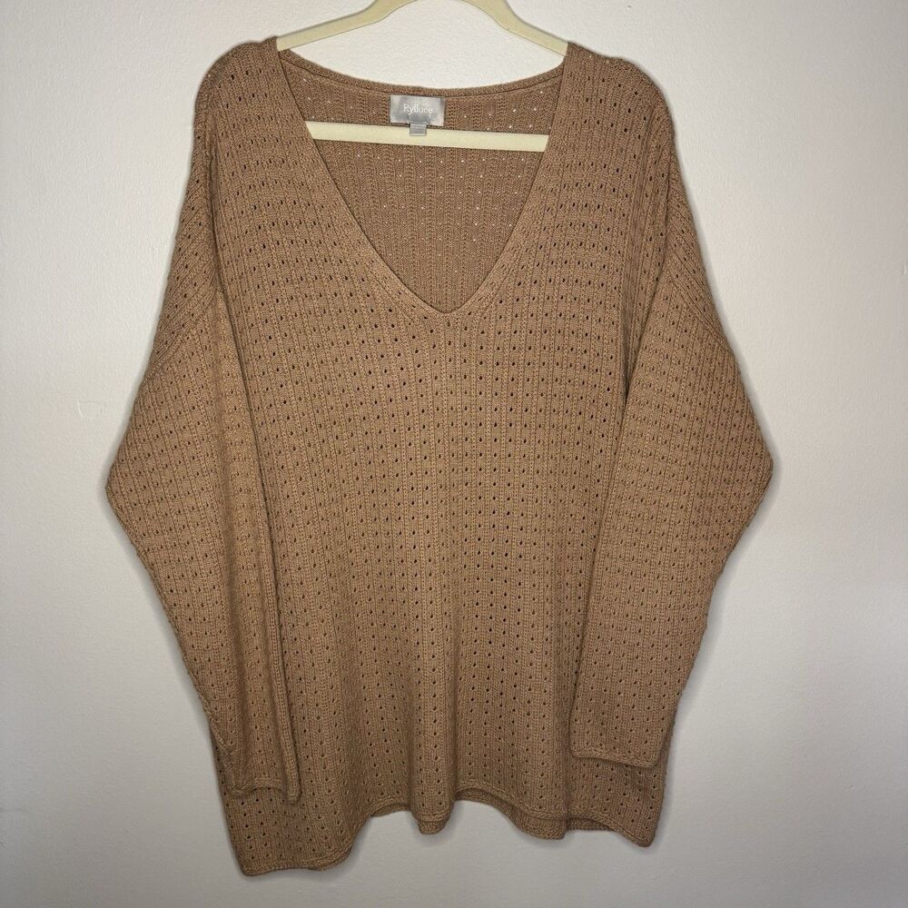 Ryllace Knit Womens Sweater Wool Cotton Blend Tan Plus Size 2X VNeck Long Sleeve